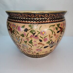 New England Pottery Imperial Fish Bowl 14" Ceramic Floral & Fish Pattern Round